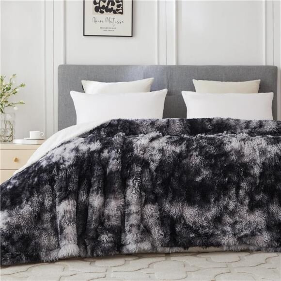 Faux Fur Throw Blanket Plush Sherpa Fleece Cozy Warm Bed Couch Sofa Tie Dye Blac - Picture 5 of 7